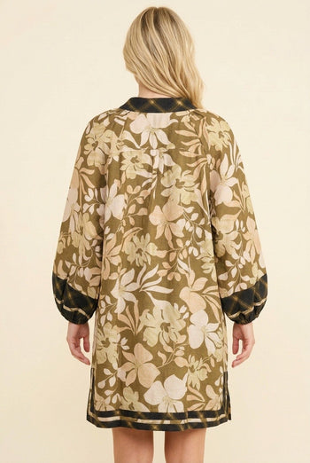 Heimish Botanical Print Long Sleeve Split Neck Shift Dress in Khaki