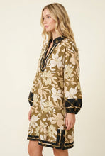 Load image into Gallery viewer, Heimish Botanical Print Long Sleeve Split Neck Shift Dress in Khaki
