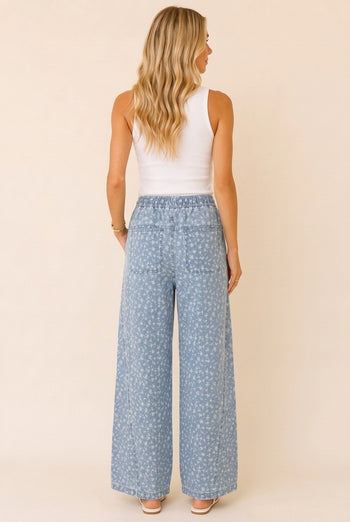Heimish Floral Print Drawstring Wide Leg Pants in Denim