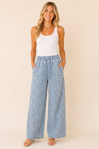 Heimish Floral Print Drawstring Wide Leg Pants in Denim