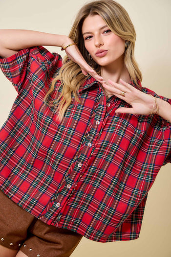 day+moon OVERSIZED Holiday Christmas Plaid Collared Top in Red Multi