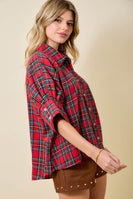 day+moon OVERSIZED Holiday Christmas Plaid Collared Top in Red Multi