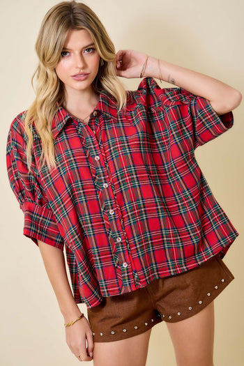 day+moon OVERSIZED Holiday Christmas Plaid Collared Top in Red Multi