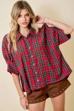 Load image into Gallery viewer, day+moon OVERSIZED Holiday Christmas Plaid Collared Top in Red Multi
