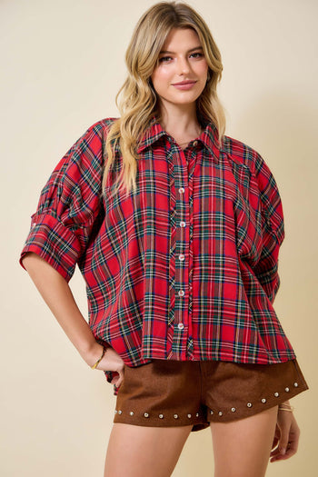 day+moon OVERSIZED Holiday Christmas Plaid Collared Top in Red Multi