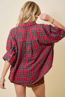 day+moon OVERSIZED Holiday Christmas Plaid Collared Top in Red Multi