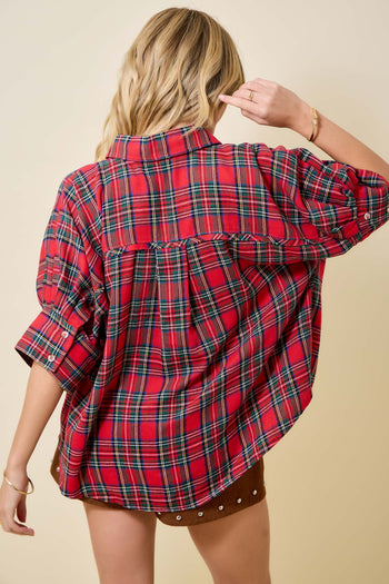 day+moon OVERSIZED Holiday Christmas Plaid Collared Top in Red Multi