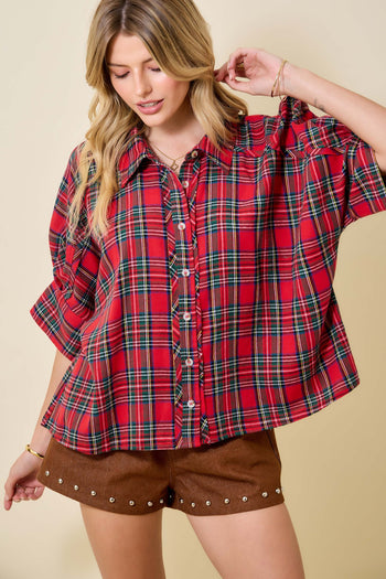 day+moon OVERSIZED Holiday Christmas Plaid Collared Top in Red Multi