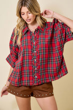 Load image into Gallery viewer, day+moon OVERSIZED Holiday Christmas Plaid Collared Top in Red Multi
