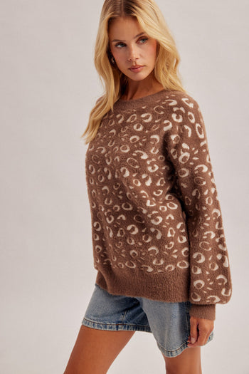 Hem & Thread Relaxed Fit Soft Texture Animal Print Sweater in Mocha