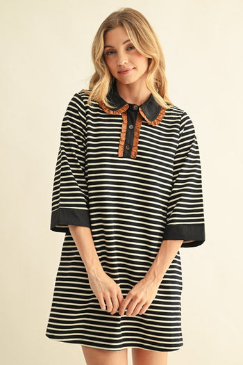 Jodifl Ruffle Accent Stripe Shift Dress in Taupe/Black