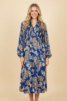 Heimish Paisley Print Smocked Waist Midi Dress in Navy