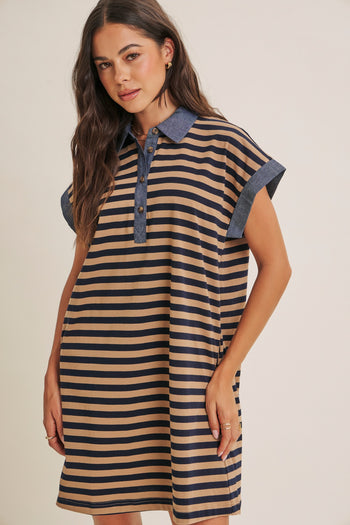 In February Yacht Club Relaxed Fit Casual Stripe Polo Mini Dress in Navy/Latte