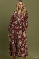 Umgee Floral Print Boho Maxi Dress in Merlot