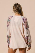 Load image into Gallery viewer, BiBi Thermal Knit Top with Color Block Patched Floral Print in Oatmeal
