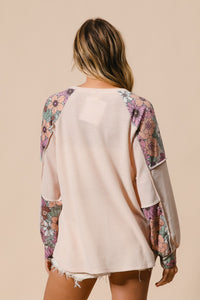 BiBi Thermal Knit Top with Color Block Patched Floral Print in Oatmeal