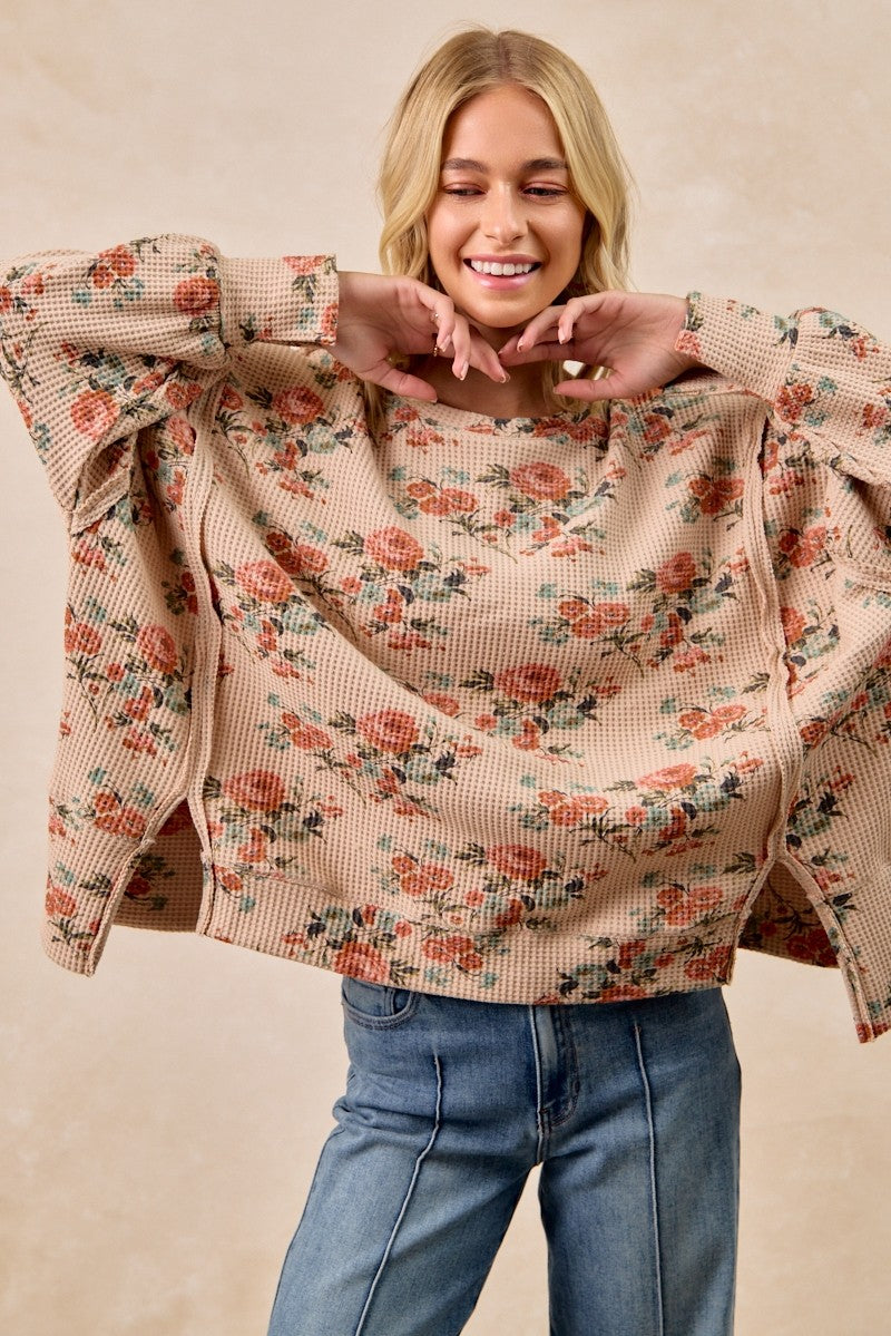 BiBi OVERSIZED Floral Print Waffle Knit Top in Taupe – June Adel