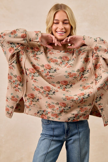 BiBi OVERSIZED Floral Print Waffle Knit Top in Taupe ON ORDER