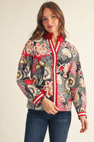 Jodifl Ruffled Neckline Button Down Boho Floral Top in Red Mix