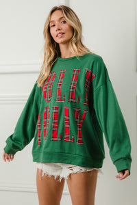 BiBi Solid Color Christmas Top with HOLLY JOLLY Letter Patches in Green/Red Plaid