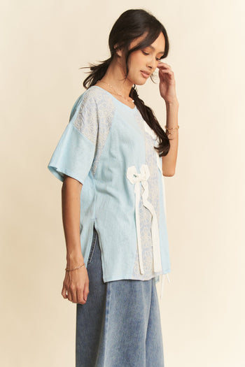 Davi & Dani Color Block Top with Lace and Bow Details in Blue