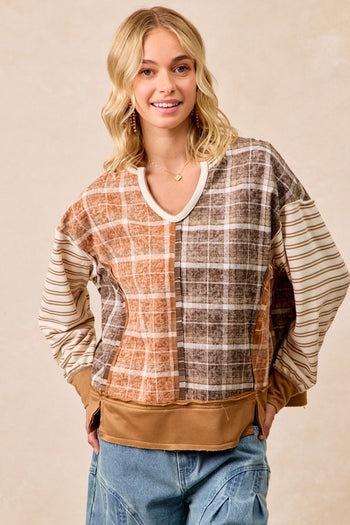 BiBi Plaid and Stripe Color Block Top in Rust/Dark Mocha