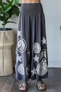 Oli & Hali Smocked Waistband Pants with Peace Sign and Star Patches in Charcoal