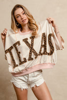 BiBi OVERSIZED Top with Leopard Print Letter Patchwork TEXAS  in Oatmeal/D.Rose