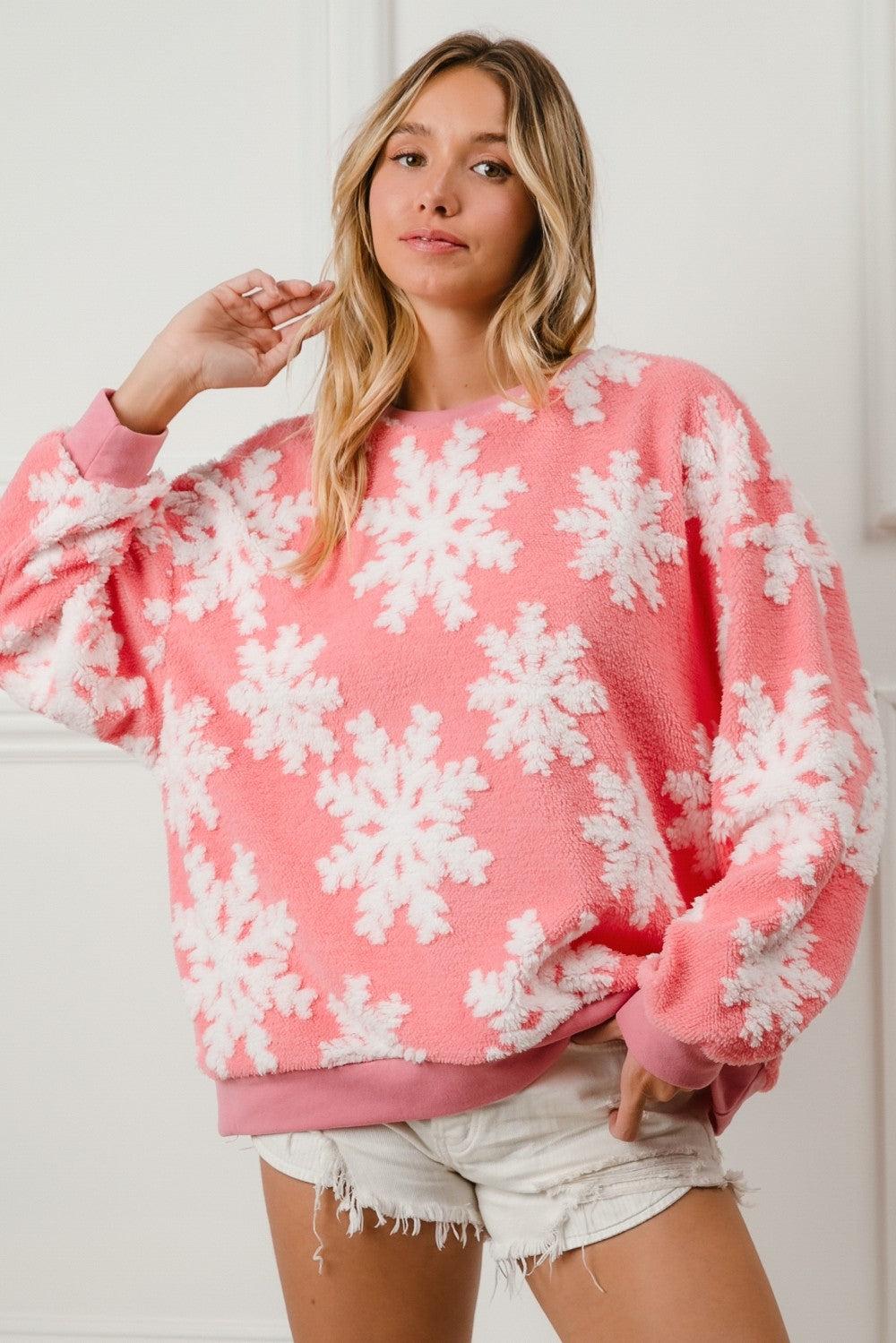 BiBi Christmas Snowflake Pullover Top in Pink