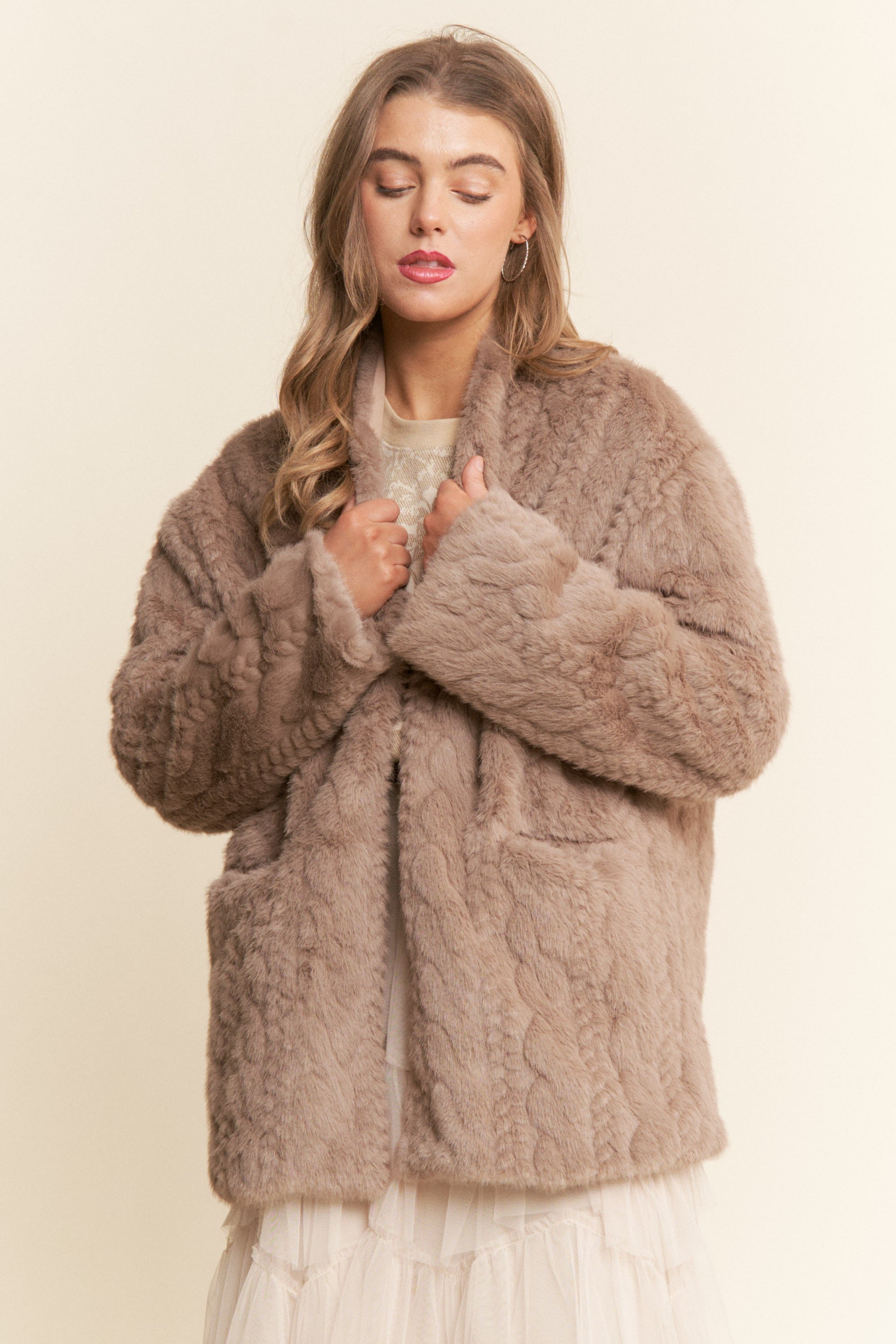 J.nna Open Front Faux Fur Jacket in Light Cocoa – June Adel