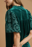 Umgee Solid Color Top with Embroidered Sleeves in Emerald Green
