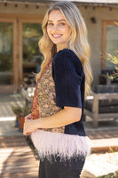 VOY Ostrich Feathered Hem Multi Color Jacquard Top in Multi