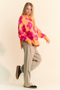 Davi & Dani OVERSIZED Knit Sweater with Floral Print in Orange/Fuchsia