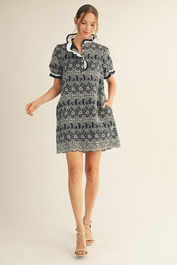 Jodifl Eyelet Lace Shift Dress in Navy S