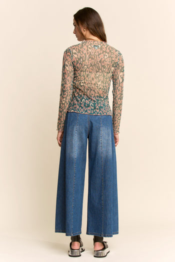 Davi & Dani Sheer Leopard Mesh Top in Green Leopard