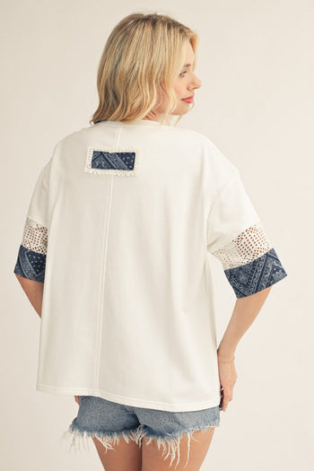 Jodifl Flower Patch Detail Mixed Fabric Top in White ON ORDER