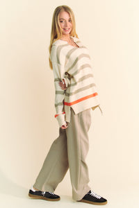 Davi & Dani Striped Loose Fit Collared Sweater in Cream Beige