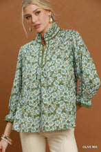 Load image into Gallery viewer, Umgee Mix Floral Print Mandarin Collar Blouse in Olive Mix
