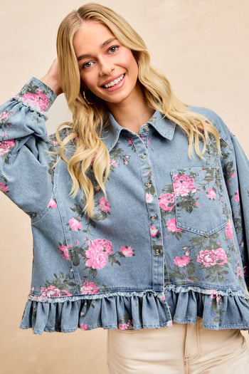 BiBi Peplum Floral Print Denim Button Down Top in Washed Denim