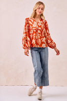 BiBi Flower Print Woven Top with Scallop Trim Detail in Rust