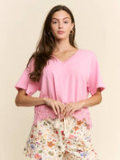 J.nna Charm Lace-Trim V-Neck Top in Bubble Gum