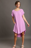 Umgee High Low Linen Blend Dress with Frayed Details in Pink Mauve