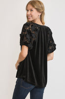Umgee Velvet Split Neck Top with Lace Sleeves in Black