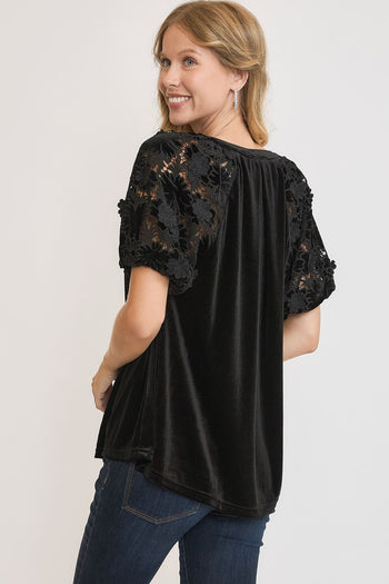 Umgee Velvet Split Neck Top with Lace Sleeves in Black