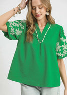 Umgee Textured Top with Embroidery and Scalloped Trim Details in Kelly Green