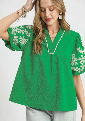 Umgee Textured Top with Embroidery and Scalloped Trim Details in Kelly Green