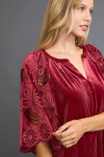 Umgee Velvet Split Neck Top with Floral Lace Sleeves in Wine