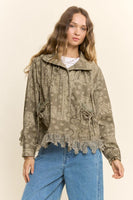 Davi & Dani Bandana Paisley Print Lace Hem Jacket in Olive