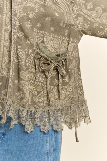 Davi & Dani Bandana Paisley Print Lace Hem Jacket in Olive