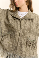 Davi & Dani Bandana Paisley Print Lace Hem Jacket in Olive